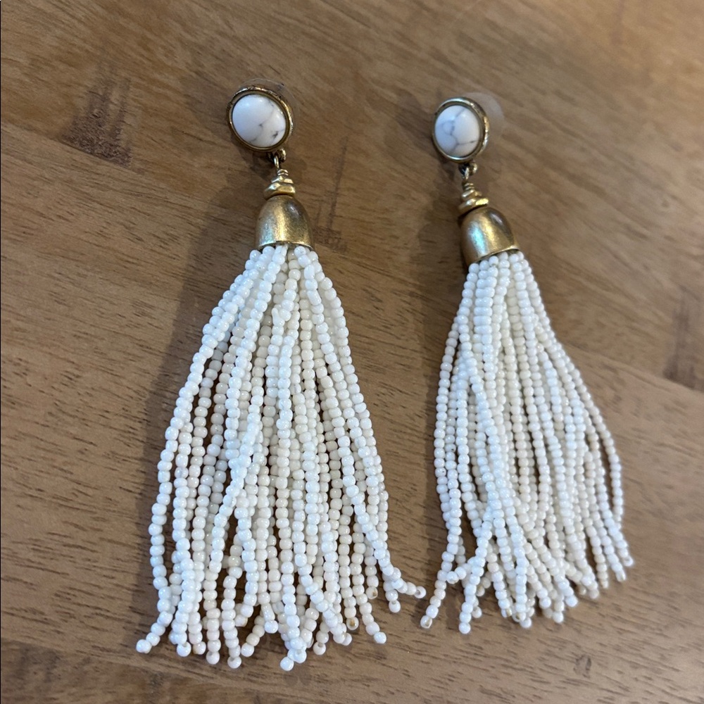 Stella & Dot Gita White Beaded Tassel Earrings - Picture 3 of 4